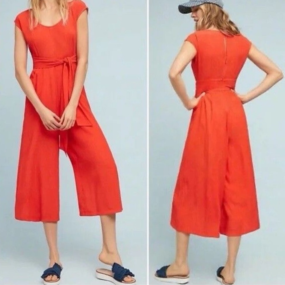 Anthropologie Abbey Belted Crop Wide Leg Gauzy Boho Jumpsuit Orange Size 0